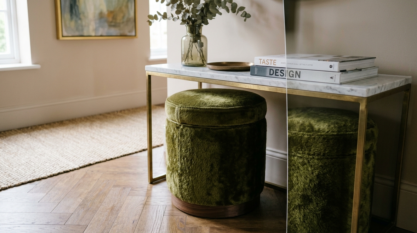 Tactile combination of a velvet-upholstered storage ottoman tucked under a slim console in a designer showhouse hallway. Tactile combination of a velvet-upholstered storage ottoman tucked under a slim console in a designer showhouse hallway.