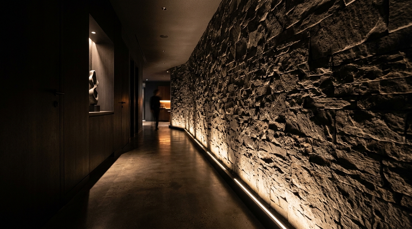Moody narrow hallway lighting scheme using floor-recessed uplights to emphasize the texture of a stone-clad feature wall. Moody narrow hallway lighting scheme using floor-recessed uplights to emphasize the texture of a stone-clad feature wall.