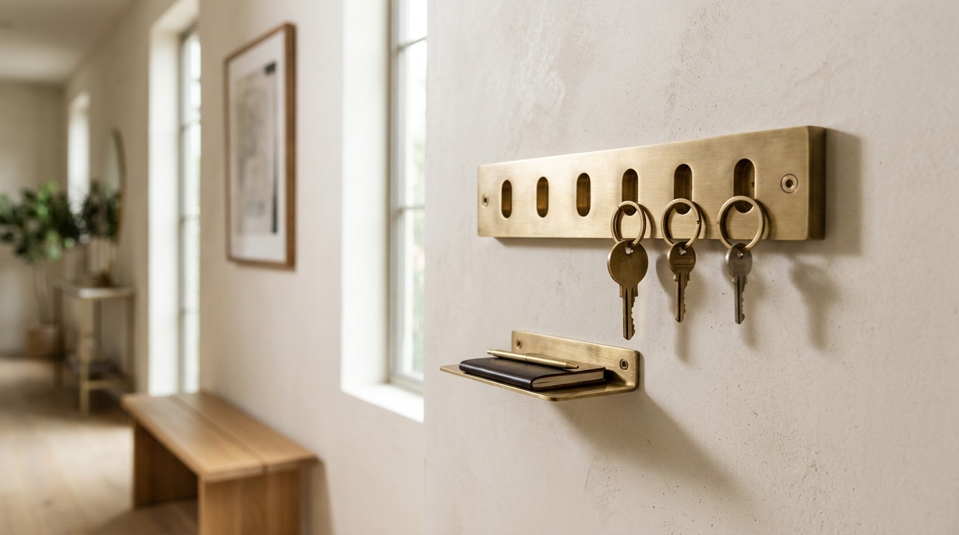 Functional luxury entryway showing a custom-made brass key rack that doubles as a piece of wall sculpture. Functional luxury entryway showing a custom-made brass key rack that doubles as a piece of wall sculpture.