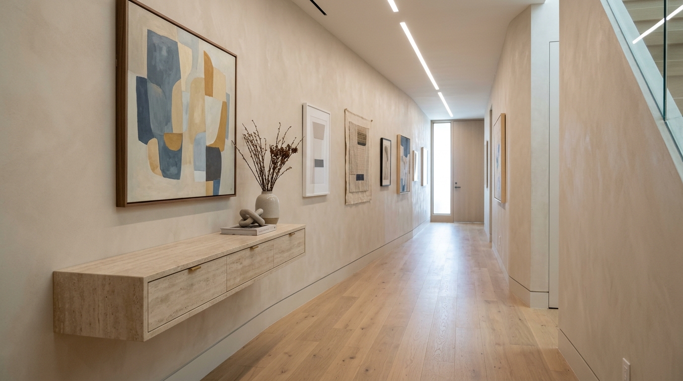 Architectural perspective of a narrow corridor demonstrating the 36-inch walkway clearance rule with a floating minimalist stone shelf. Architectural perspective of a narrow corridor demonstrating the 36-inch walkway clearance rule with a floating minimalist stone shelf.