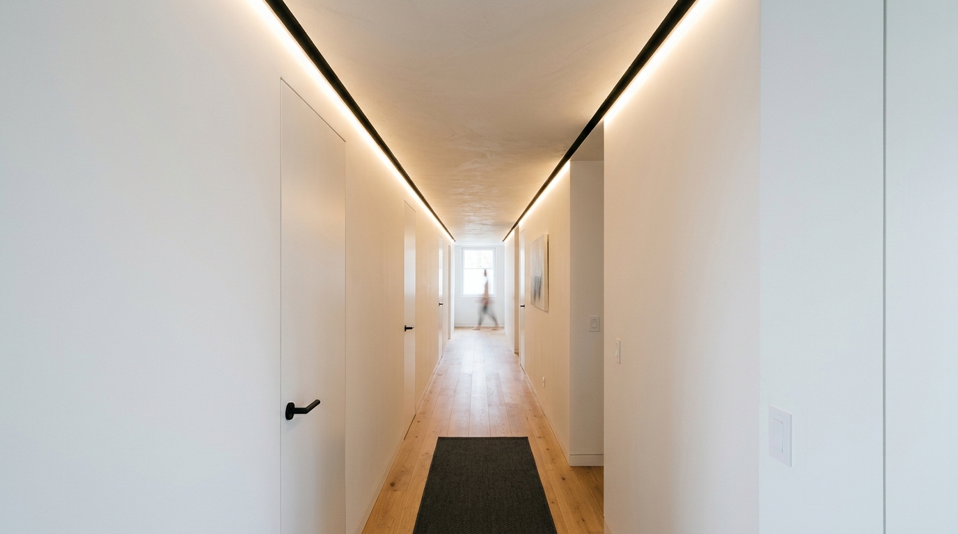 Architectural detail of a shadow-gap ceiling and integrated LED strip lighting in a contemporary narrow corridor makeover. Architectural detail of a shadow-gap ceiling and integrated LED strip lighting in a contemporary narrow corridor makeover.
