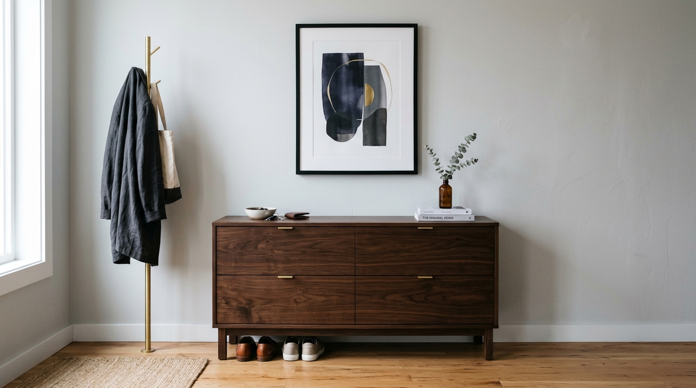Lifestyle snapshot of a well-organized narrow entryway drop zone with a low-profile shoe storage solution in dark walnut. Lifestyle snapshot of a well-organized narrow entryway drop zone with a low-profile shoe storage solution in dark walnut.