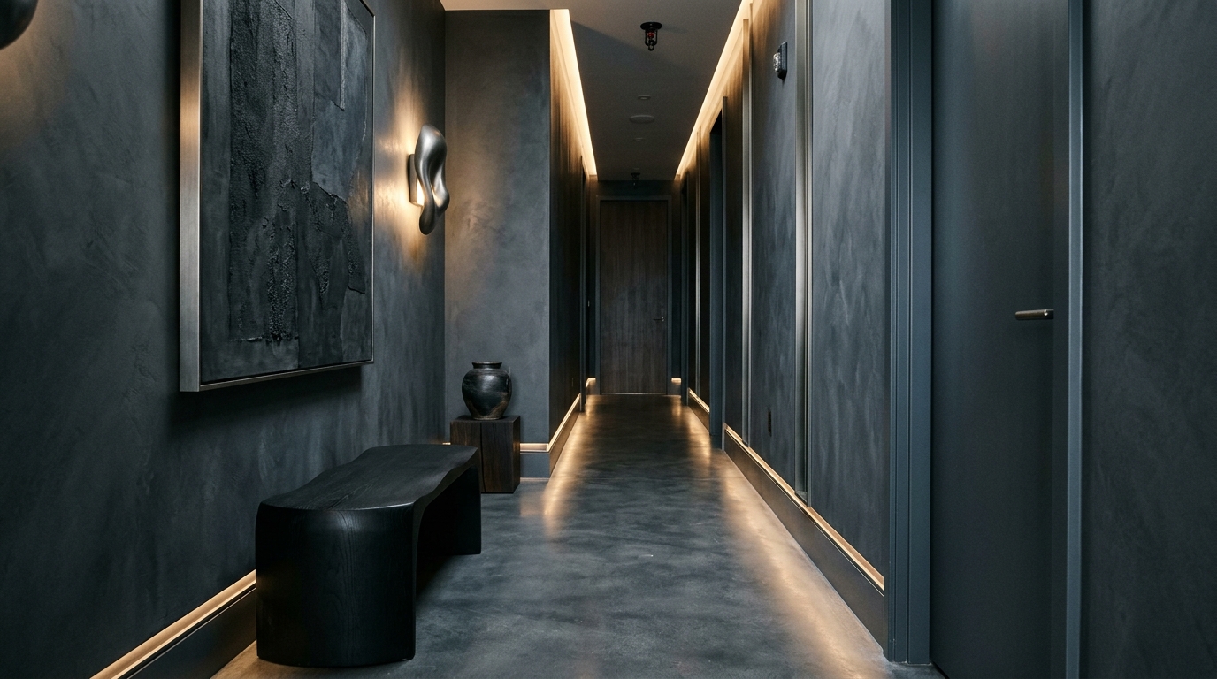 Sophisticated hallway design featuring a monochromatic color scheme with layers of grey, charcoal, and brushed metal accents. Sophisticated hallway design featuring a monochromatic color scheme with layers of grey, charcoal, and brushed metal accents.