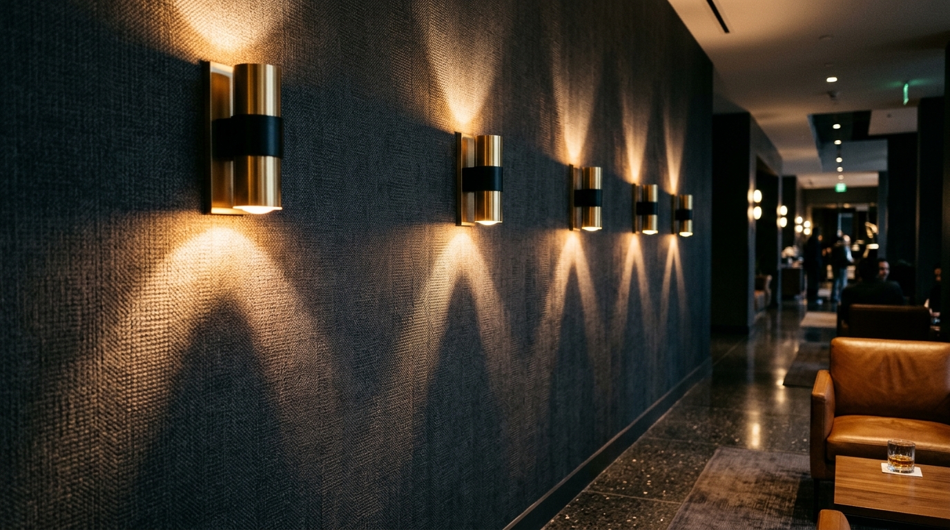 Sequence of modern brass wall sconces providing a warm 2700K glow and rhythmic shadow play across a textured limewash hallway wall. Sequence of modern brass wall sconces providing a warm 2700K glow and rhythmic shadow play across a textured limewash hallway wall.