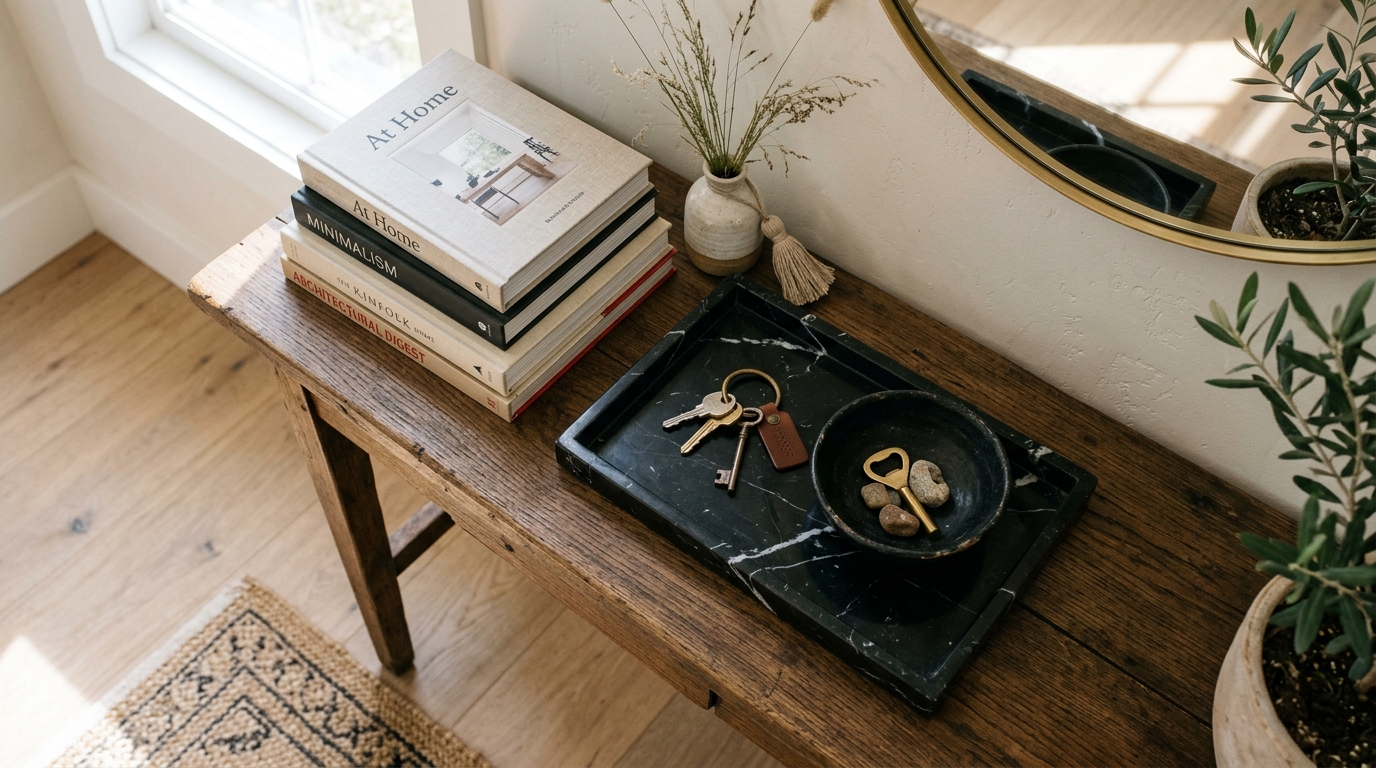Functional drop zone vignette showing a marble tray for keys and a leather-bound journal on a narrow entryway console with a large circular mirror. Functional drop zone vignette showing a marble tray for keys and a leather-bound journal on a narrow entryway console with a large circular mirror.