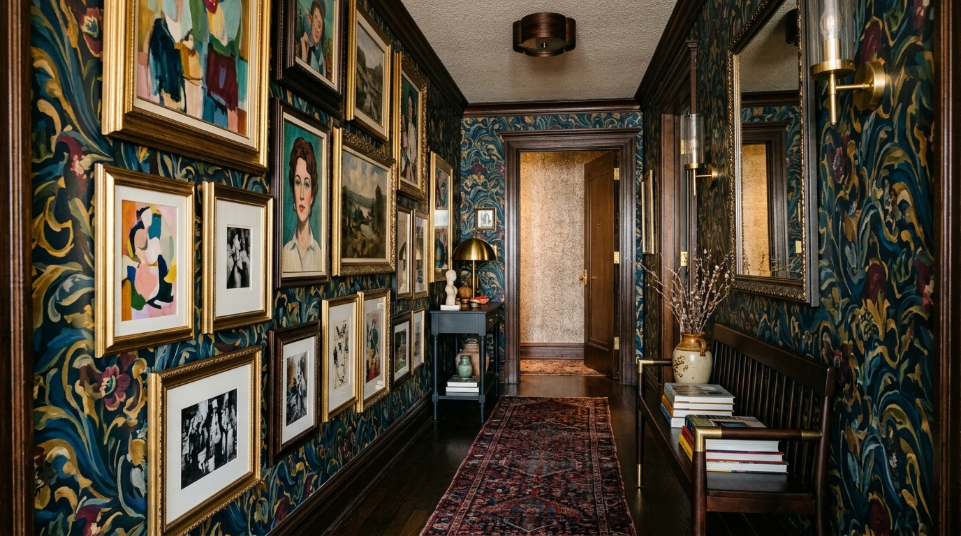 Lush view of a Joy Williams-inspired hallway featuring Calico Wallpaper Nuance and a dark, moody color palette with high-contrast art. Lush view of a Joy Williams-inspired hallway featuring Calico Wallpaper Nuance and a dark, moody color palette with high-contrast art.