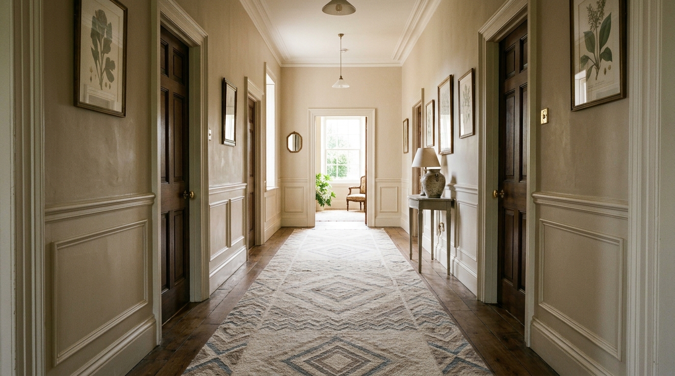 A long-view of a narrow hallway runner rug in a vintage Persian pattern adding warmth to a modern limestone floor. A long-view of a narrow hallway runner rug in a vintage Persian pattern adding warmth to a modern limestone floor.
