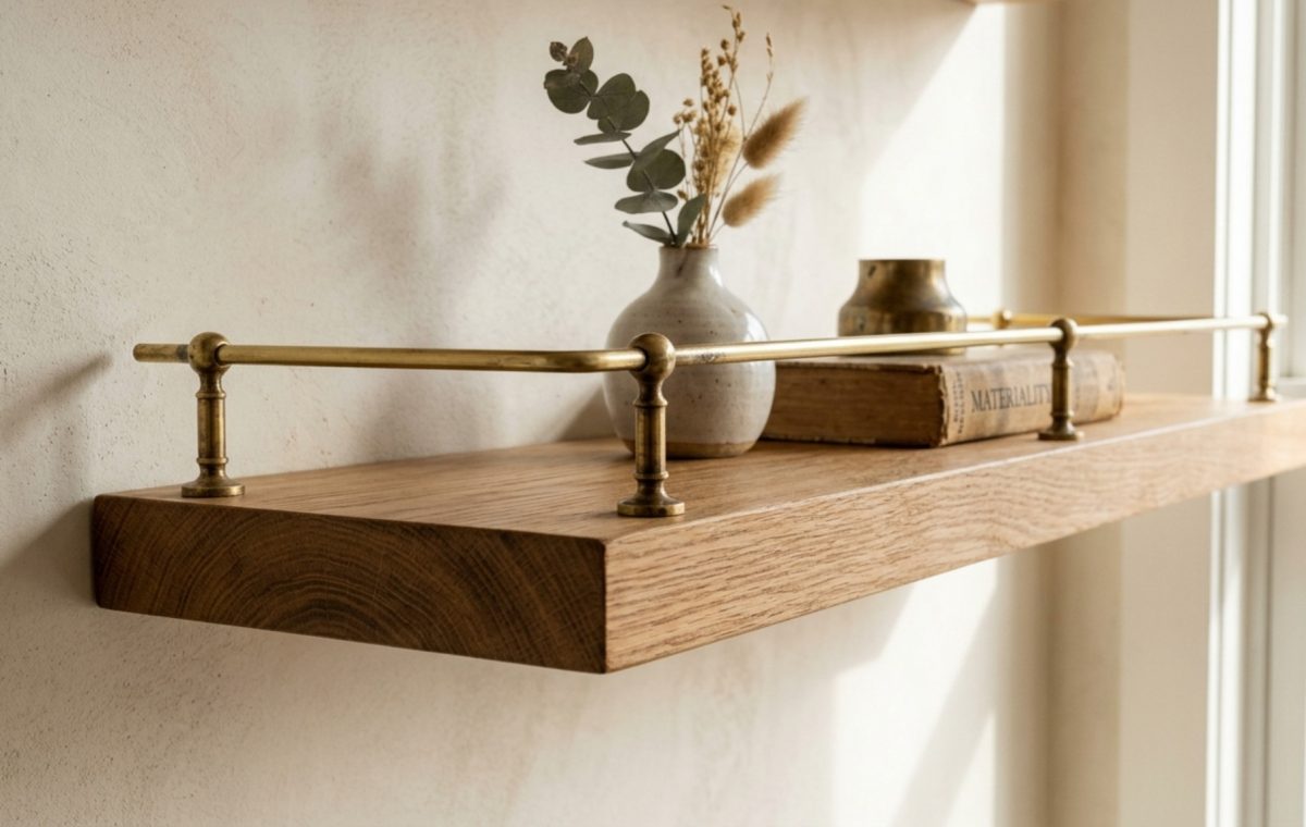 Close-up of a bespoke white oak floating shelf featuring an unlacquered brass gallery rail with intricate post detailing, set against a soft limewash wall.