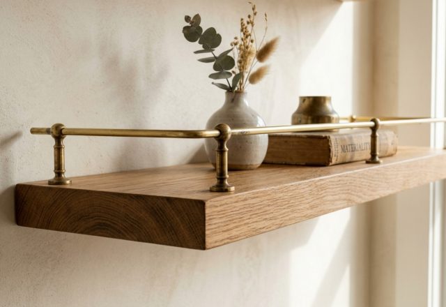 Close-up of a bespoke white oak floating shelf featuring an unlacquered brass gallery rail with intricate post detailing, set against a soft limewash wall.