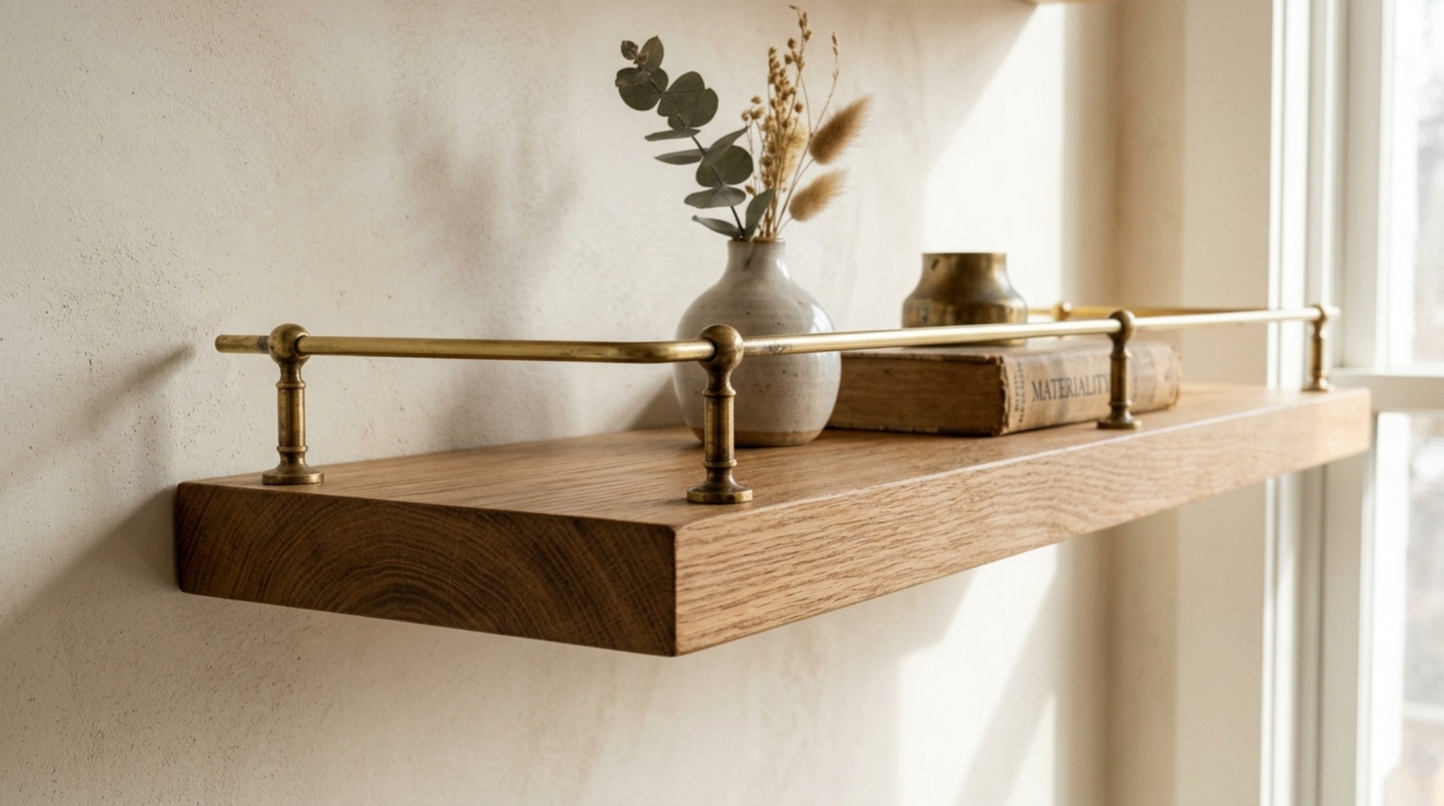 Close-up of a bespoke white oak floating shelf featuring an unlacquered brass gallery rail with intricate post detailing, set against a soft limewash wall. Close-up of a bespoke white oak floating shelf featuring an unlacquered brass gallery rail with intricate post detailing, set against a soft limewash wall.