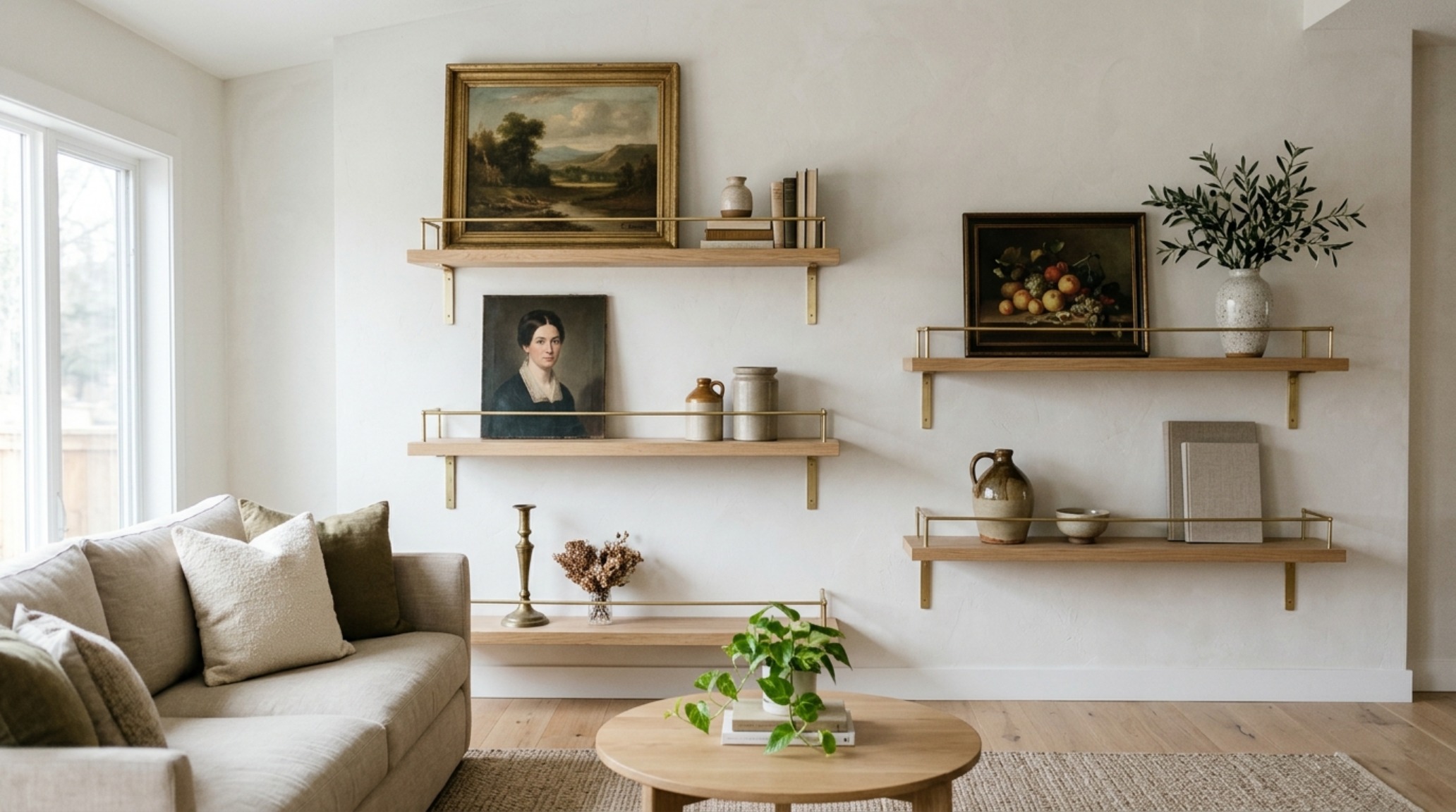 A wide-angle shot of asymmetrical living room floating shelves styled with vintage oil paintings and ceramic vessels, showcasing a 3:2 height ratio. A wide-angle shot of asymmetrical living room floating shelves styled with vintage oil paintings and ceramic vessels, showcasing a 3:2 height ratio.