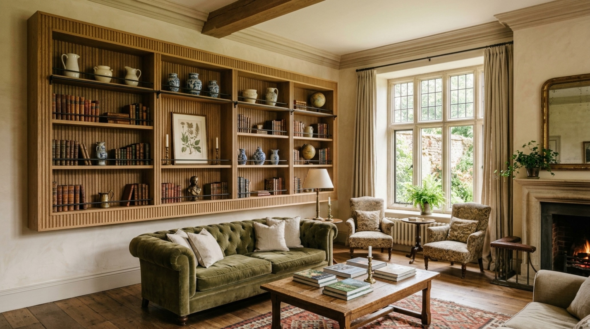 Bespoke wall storage in a high-ceiling living room featuring fluted wood panels and tiered shelves with aged iron gallery rails for an English Country House aesthetic. Bespoke wall storage in a high-ceiling living room featuring fluted wood panels and tiered shelves with aged iron gallery rails for an English Country House aesthetic.