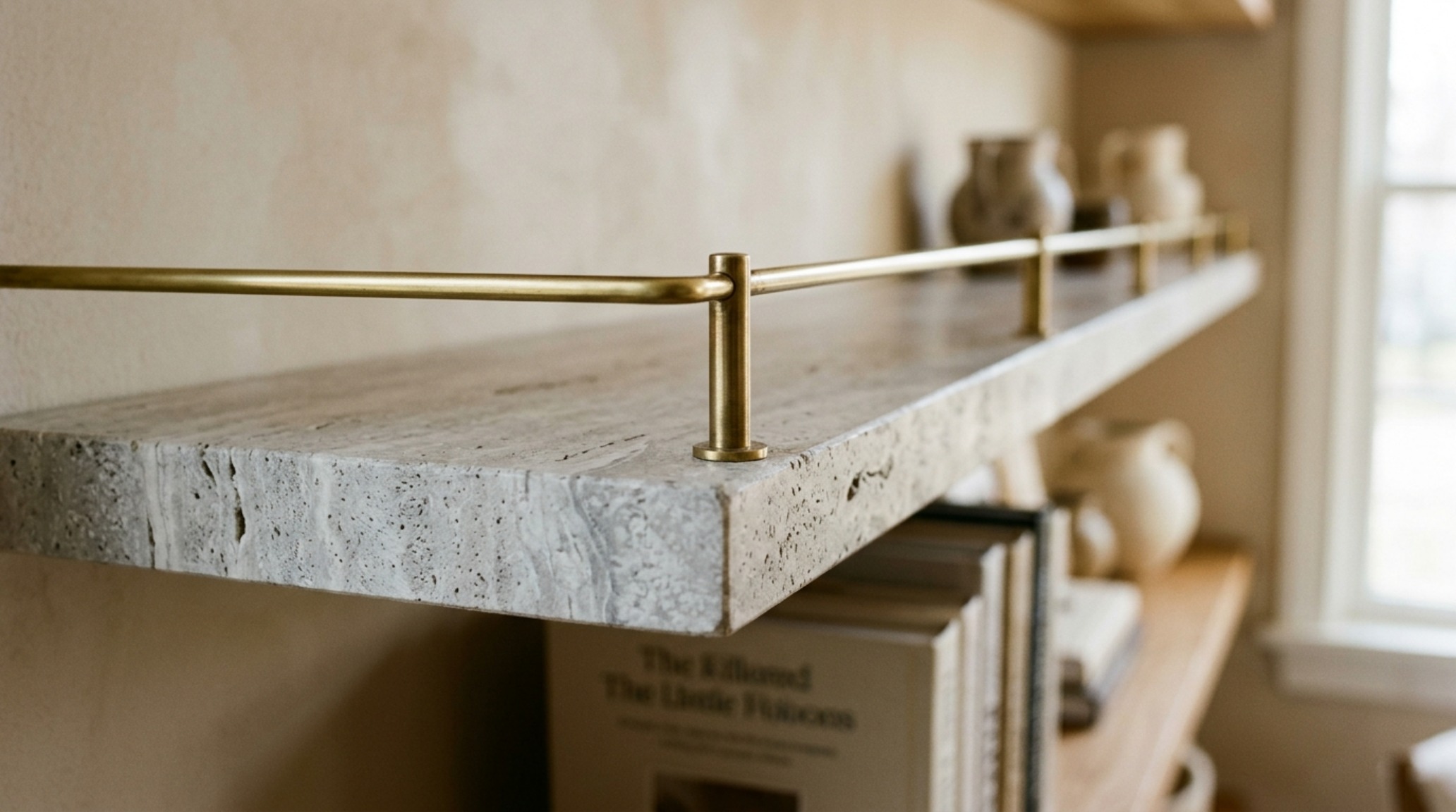 Detail shot of a honed travertine floating shelf with a minimalist brass rail, highlighting the tactile contrast between natural stone and polished metal. Detail shot of a honed travertine floating shelf with a minimalist brass rail, highlighting the tactile contrast between natural stone and polished metal.