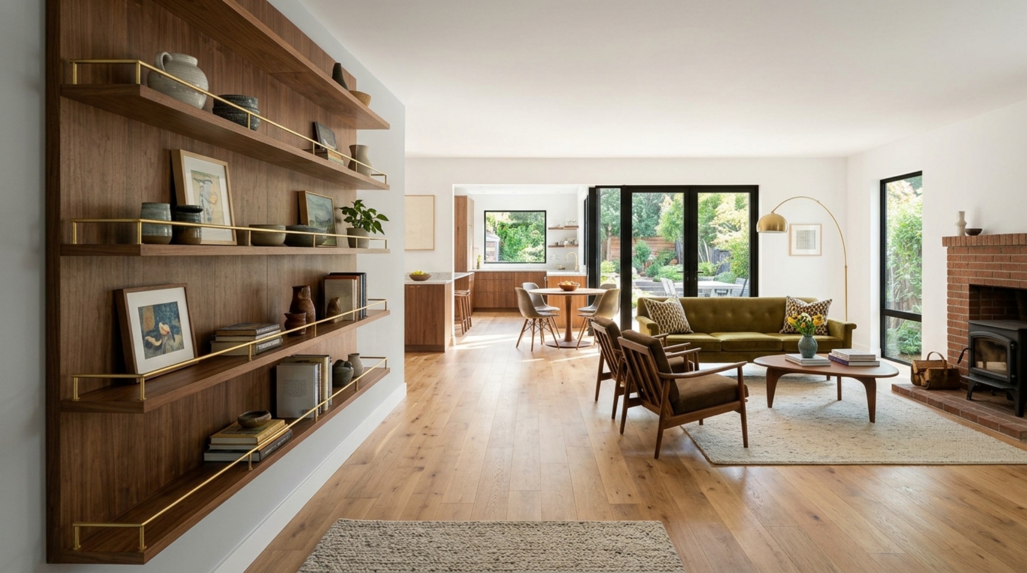 Architectural view of a primary circulation path in a living room with 36-inch clearance maintained next to a set of deep walnut floating shelves. Architectural view of a primary circulation path in a living room with 36-inch clearance maintained next to a set of deep walnut floating shelves.