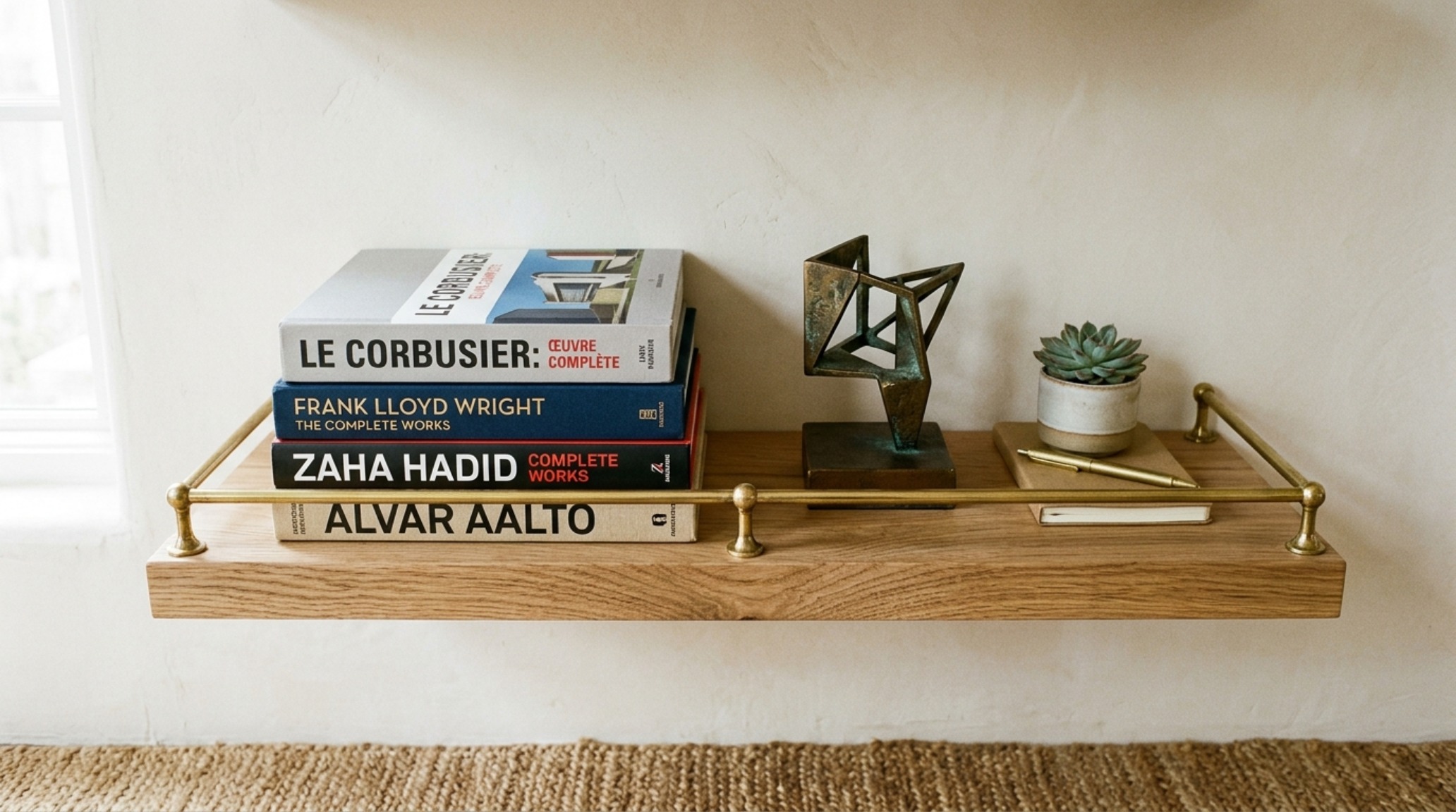 Editorial perspective of a modern living room featuring wood wall shelves styled with a mix of flat-laid art books and upright stoneware, framed by brass railings. Editorial perspective of a modern living room featuring wood wall shelves styled with a mix of flat-laid art books and upright stoneware, framed by brass railings.