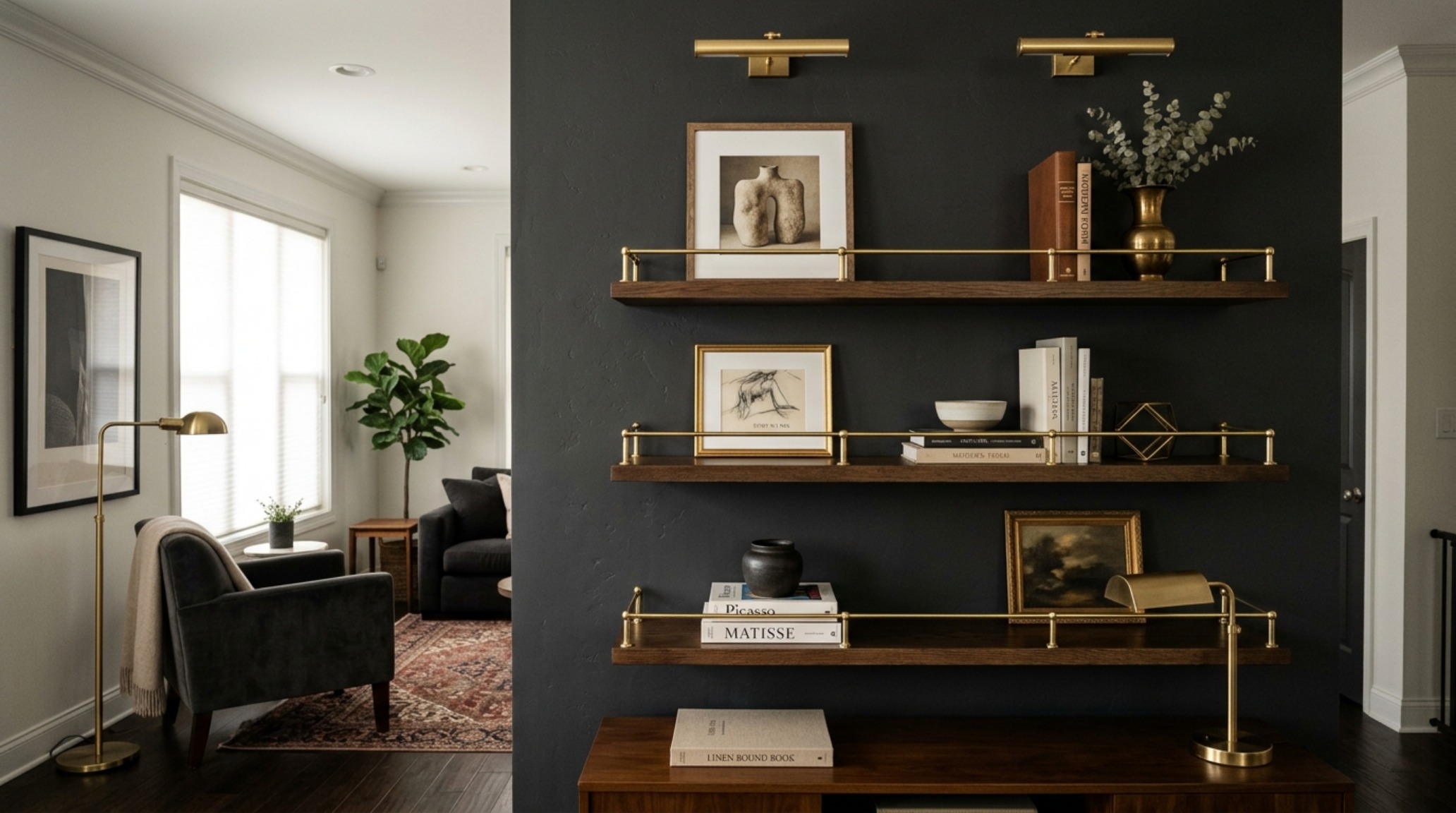 High-end bespoke cabinetry alternative: floating shelves with unlacquered brass kits used to organize a curated collection of antique brass objects and greenery. High-end bespoke cabinetry alternative: floating shelves with unlacquered brass kits used to organize a curated collection of antique brass objects and greenery.