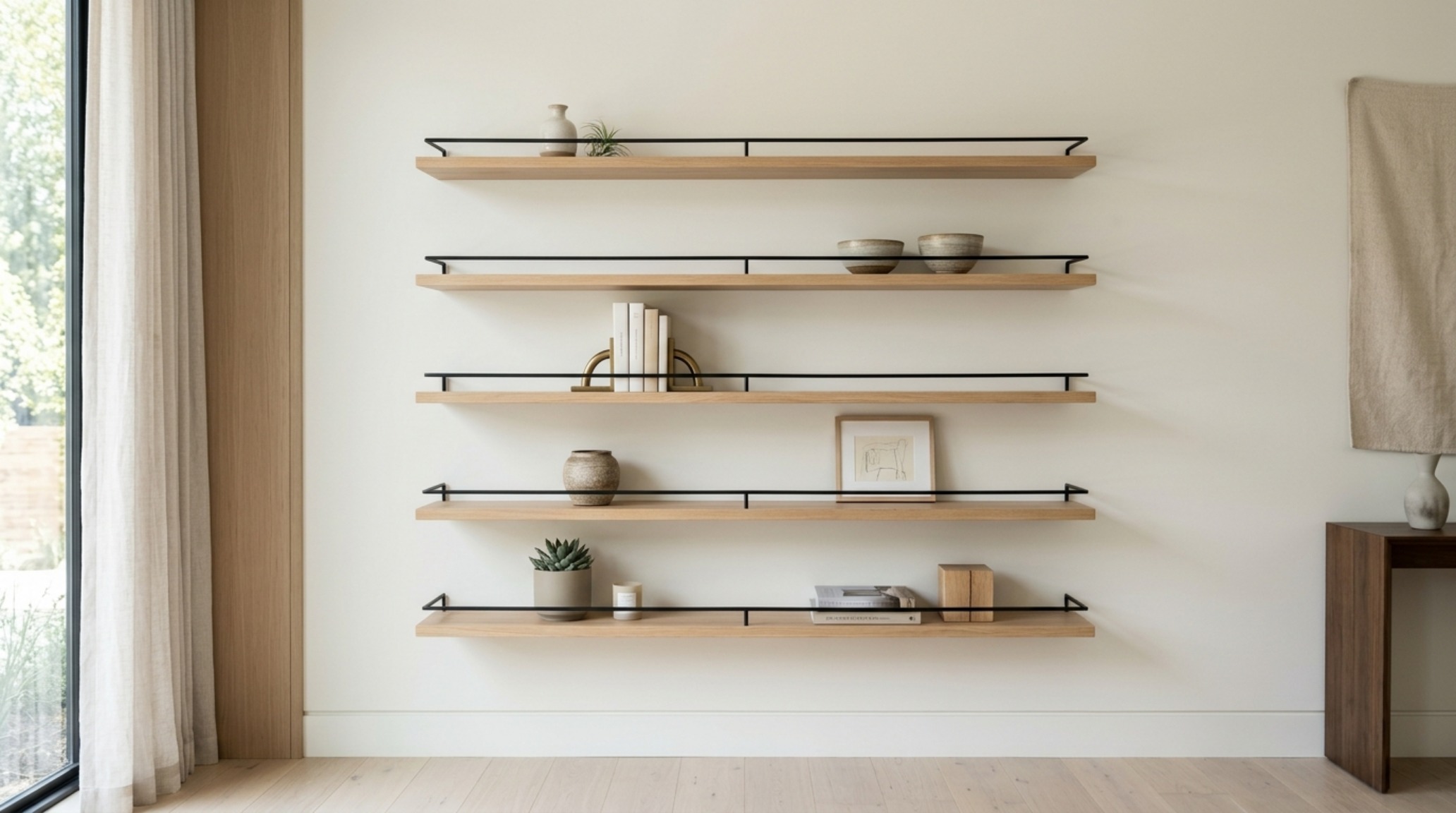 Minimalist living room floating shelves ideas featuring slim profiles and invisible mounting hardware, accented by sleek gallery rails in a matte black finish. Minimalist living room floating shelves ideas featuring slim profiles and invisible mounting hardware, accented by sleek gallery rails in a matte black finish.