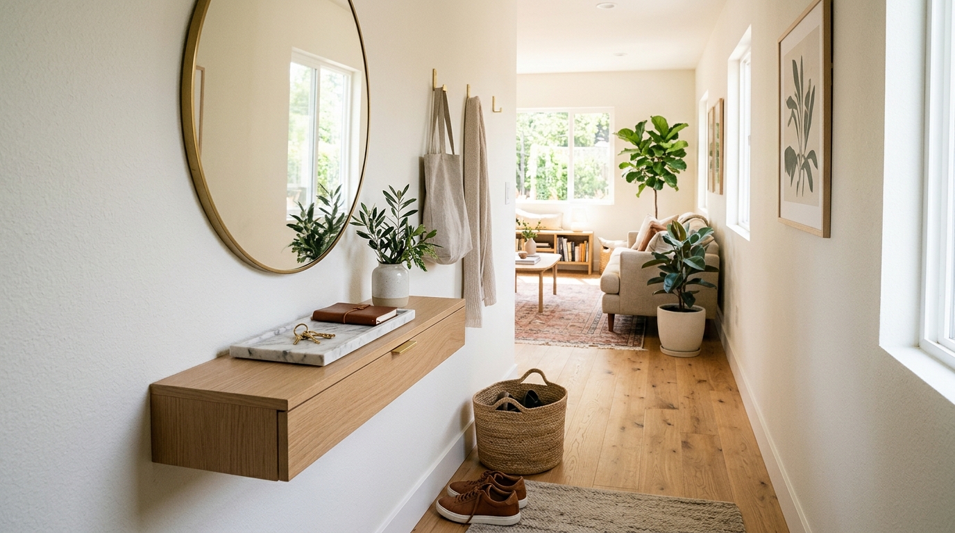 Functional narrow entryway with a wall-mounted drop zone, circular mirror, and organized key tray on a slim stone console.