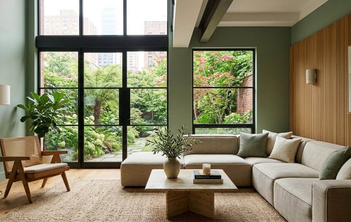 A bright, airy living room featuring sage green living room ideas with a low-profile beige sectional and floor-to-ceiling windows.