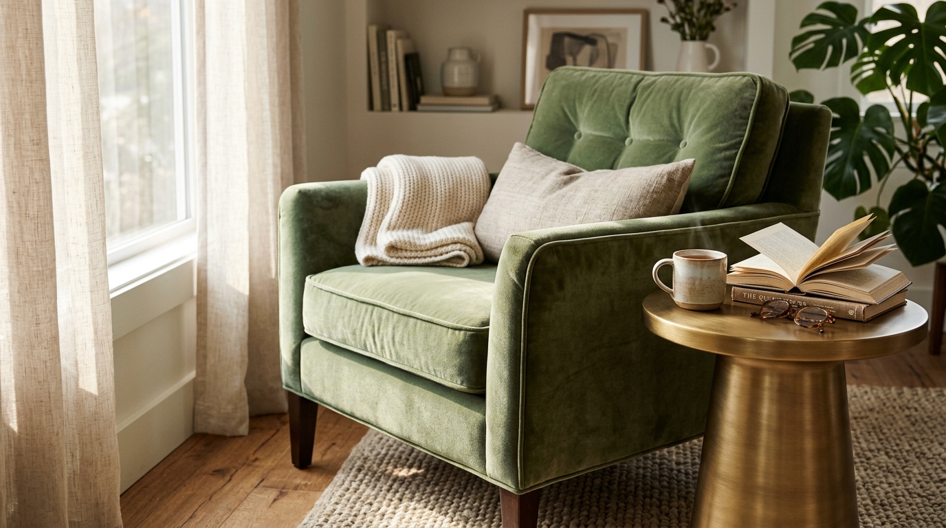 Close-up of a sage green velvet armchair next to a brushed brass floor lamp on a neutral jute rug.