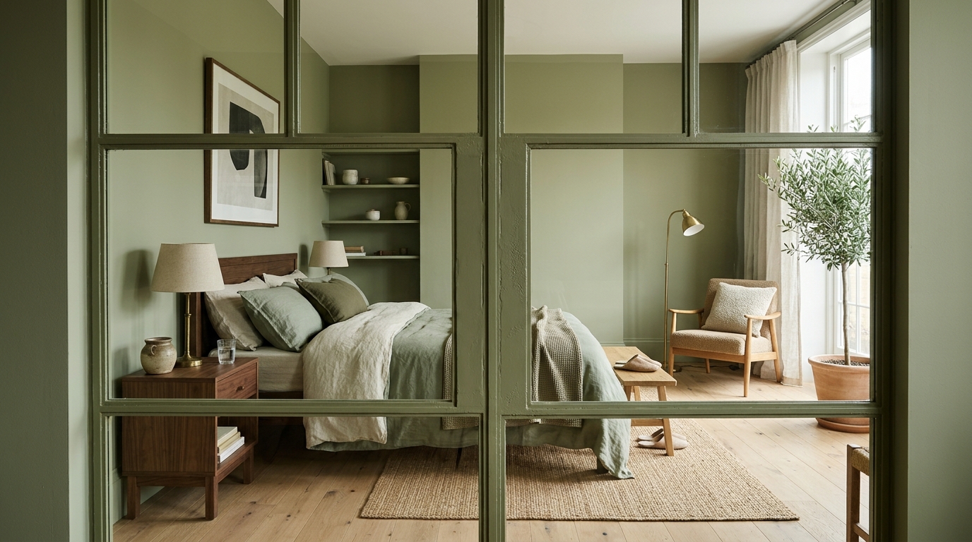 Architectural sightline through a green-framed glass door into a master suite with sage wall paneling.