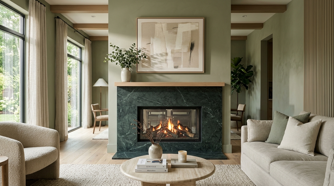 Sage green living room ideas highlighting a fireplace surround in honed forest green marble.