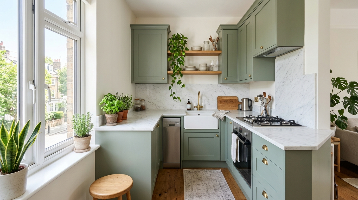 Biophilic home decor with a vertical herb garden integrated into a sage green kitchen island.