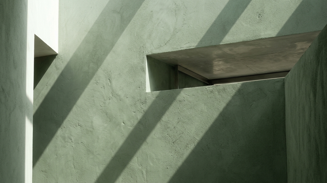 Soft shadows on a sage green limewash wall, showing the texture of 'Quiet Luxury' interior design.
