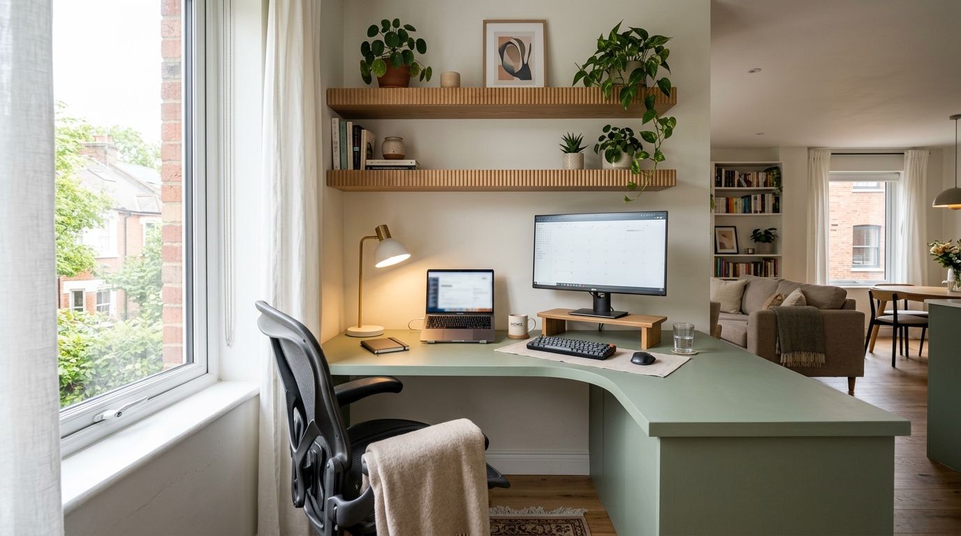 Small apartment interior design layout with a sage green workspace nestled into a window nook.