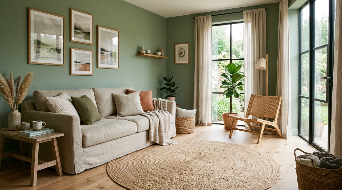 Earthy neutral green living room featuring linen upholstery and light oak flooring.