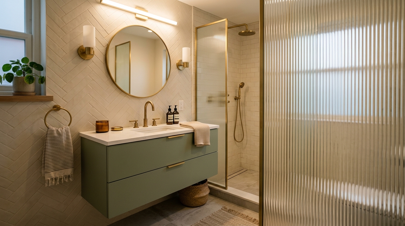 Floating sage green vanity in a compact bathroom with rhythmic white vertical tiles.