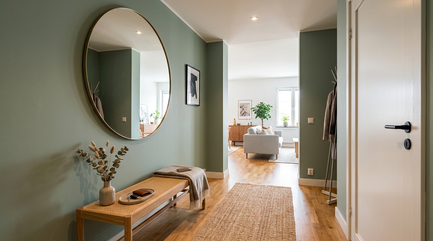 Entryway gallery wall with sage green frames and minimalist line art in a 90sqm apartment.