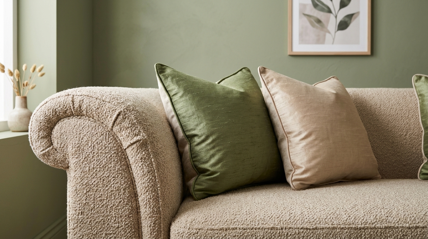 Sage green living room with beige couch and high-end textural pillows in moss and sand tones.