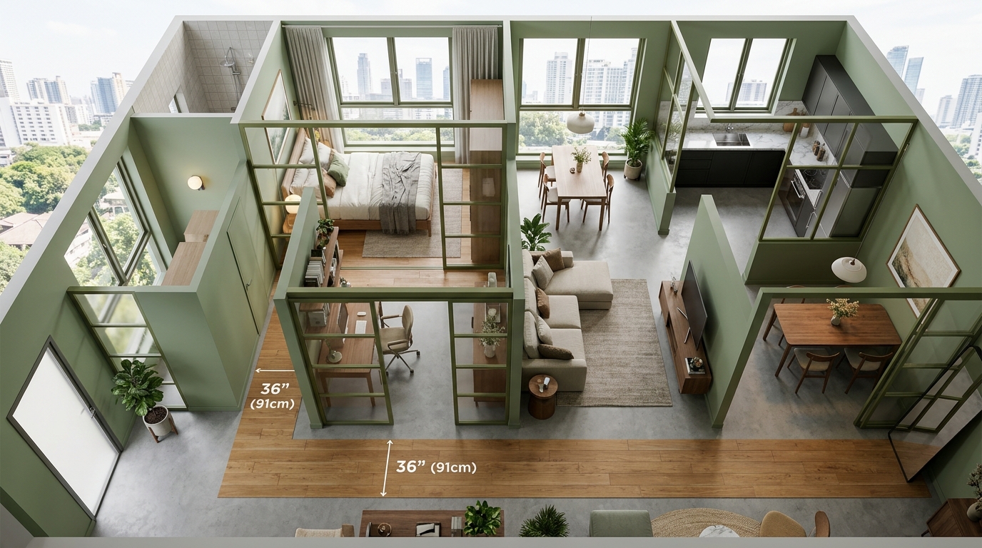 Top-down architectural perspective of a 90sqm open-concept layout with sage green zoning and olive-framed glass partitions.