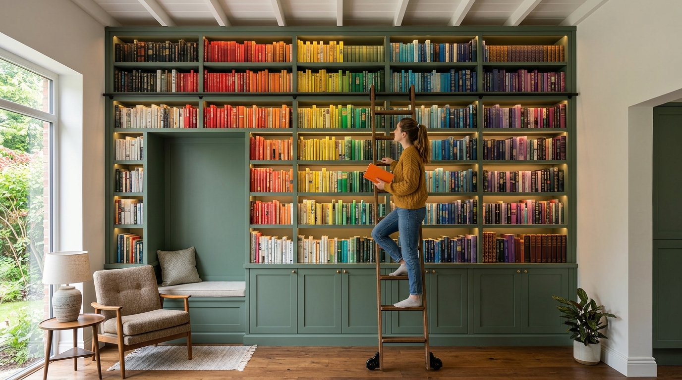Floor-to-ceiling sage green shelving unit acting as a room divider in a small studio.