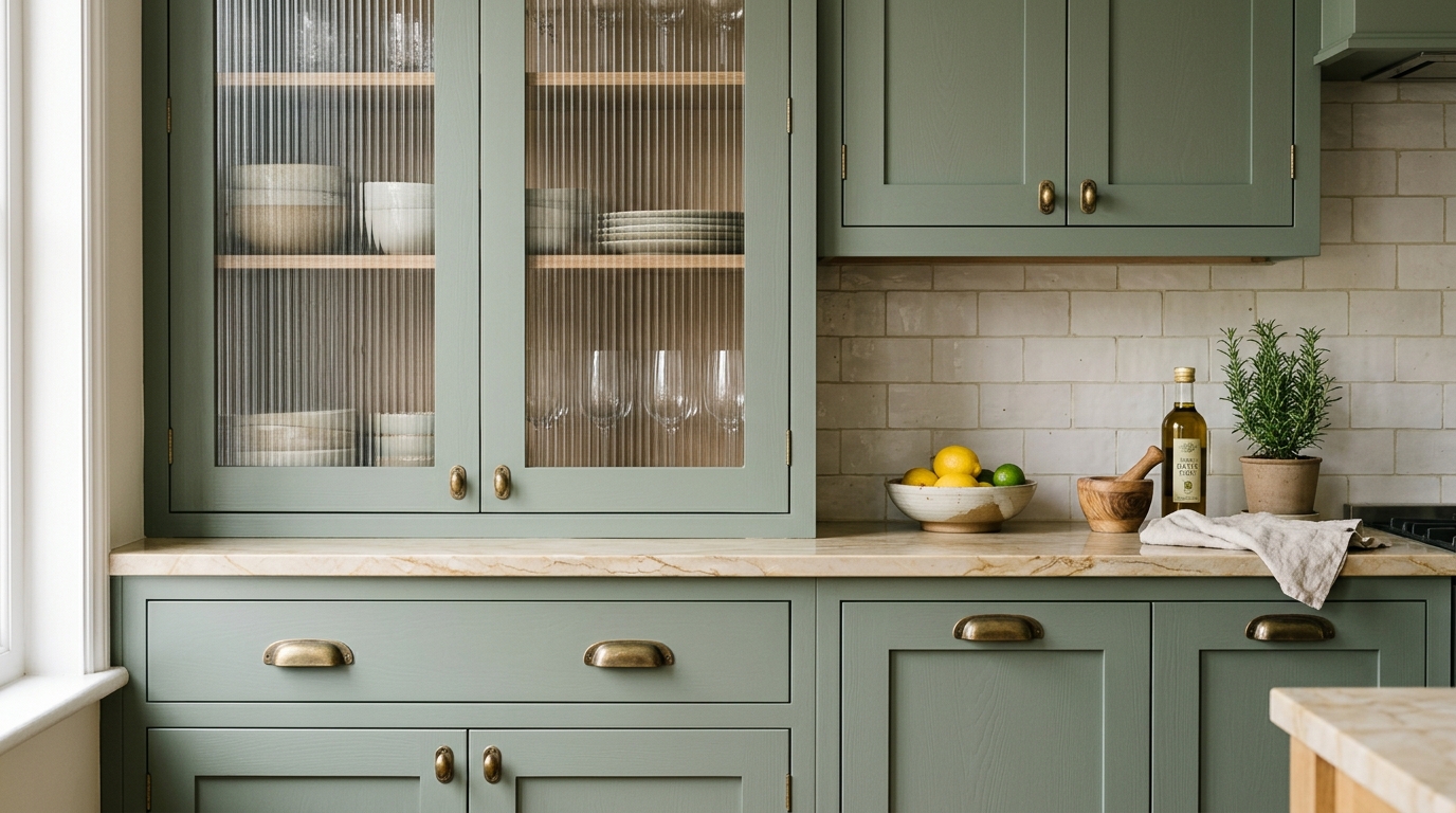 Modern sage green kitchen with fluted glass cabinets and antique brass hardware.