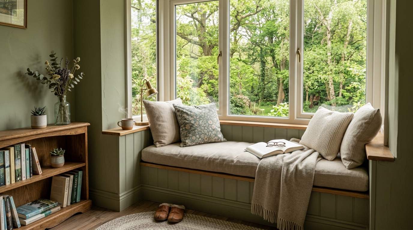 Sun-drenched reading corner with a sage green accent wall and a built-in window seat.