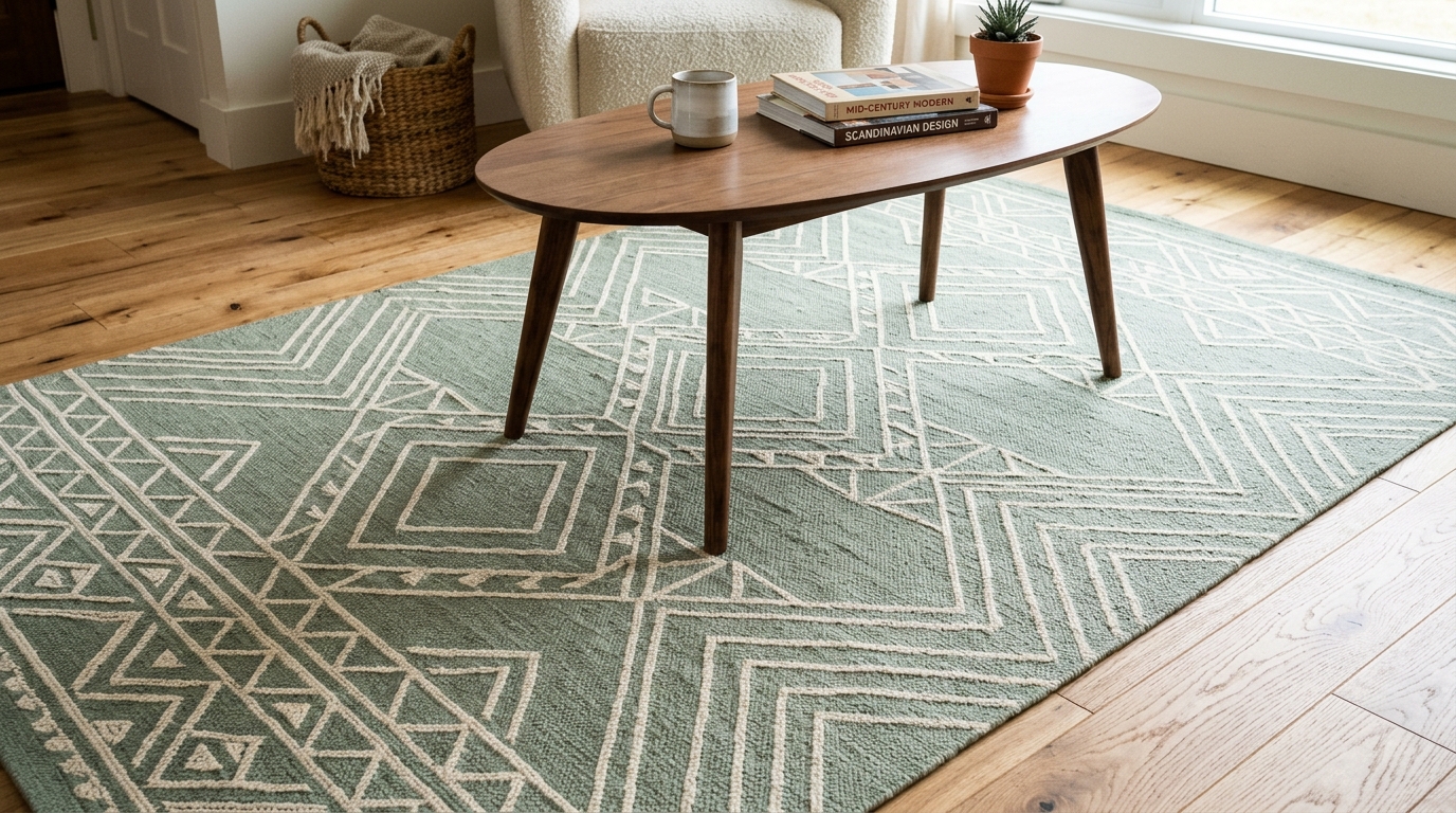 Geometric rug with sage and cream patterns anchoring a small living room conversation set.