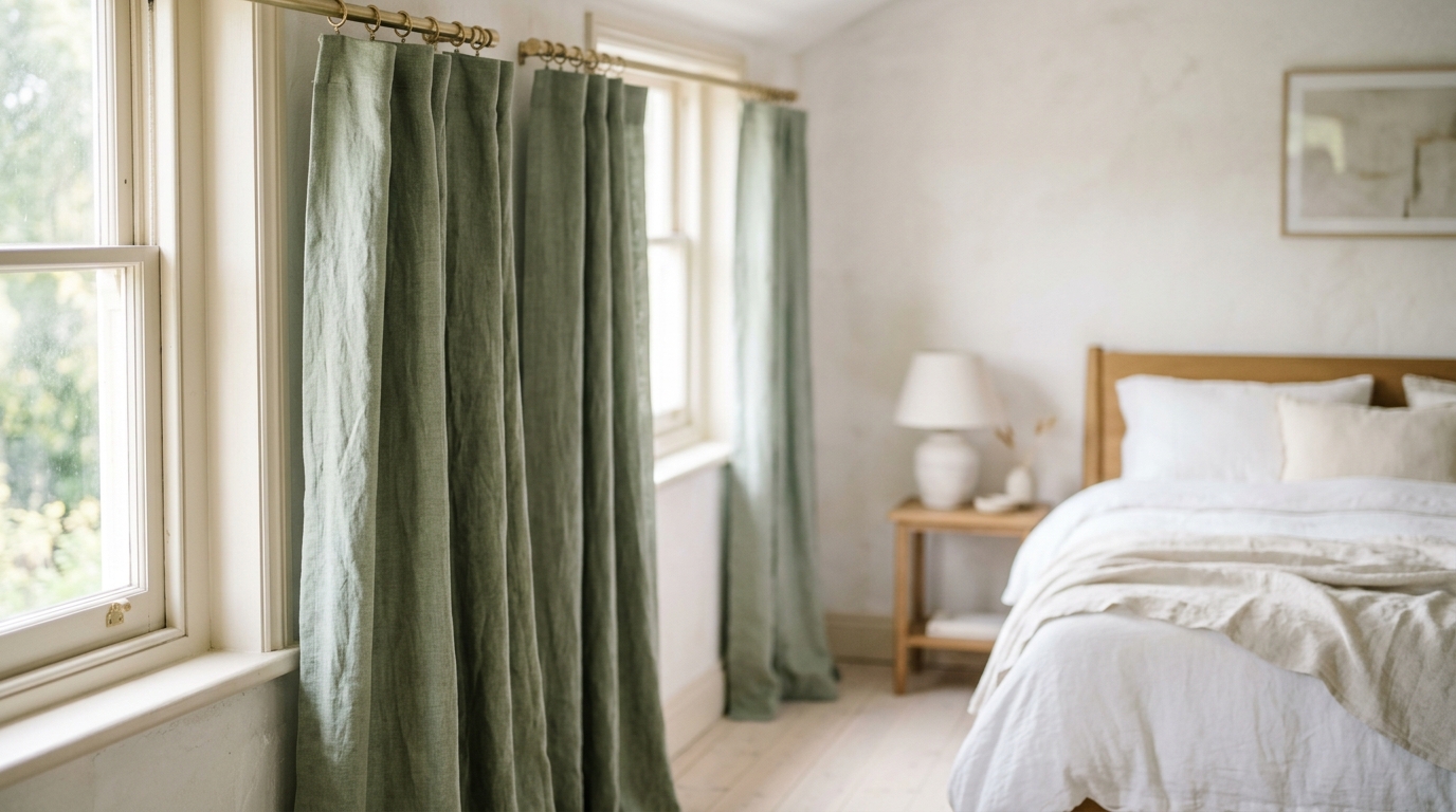 Detail of a sage green linen curtain catching the breeze in a bright biophilic bedroom.
