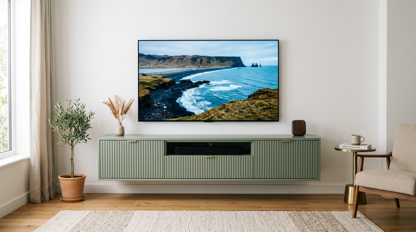 Minimalist sage green media console with integrated cable management in a 90sqm layout.