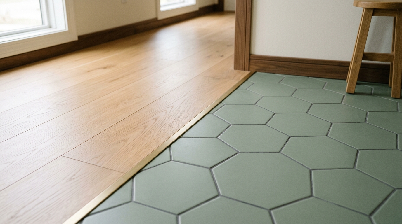 Transition from oak flooring to sage green hexagonal tiles in an open-plan entryway.