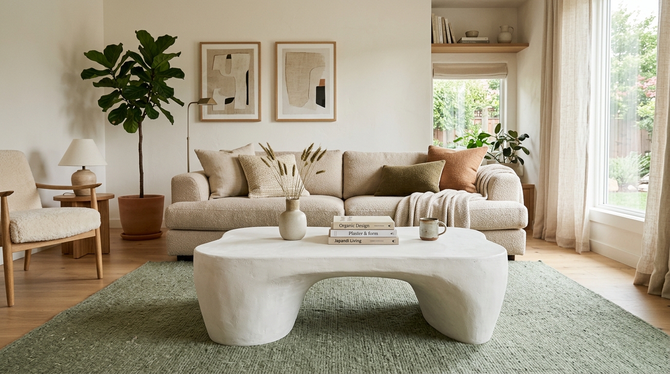 Modern sage green living room ideas with a sculptural white plaster coffee table.