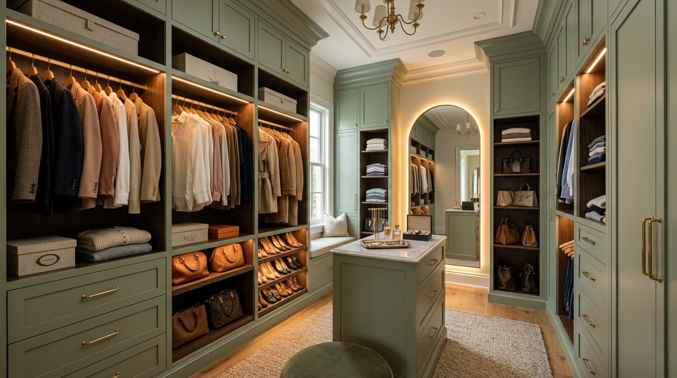 Custom sage green walk-in closet with integrated LED strip lighting and 2700K warmth.