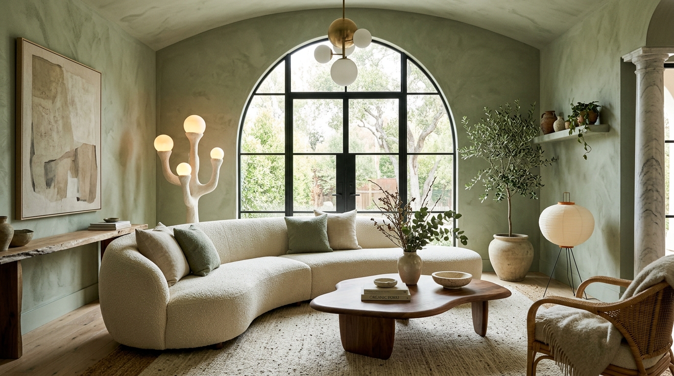 Organic modern living room with sage green clay walls and a curved boucle sofa.