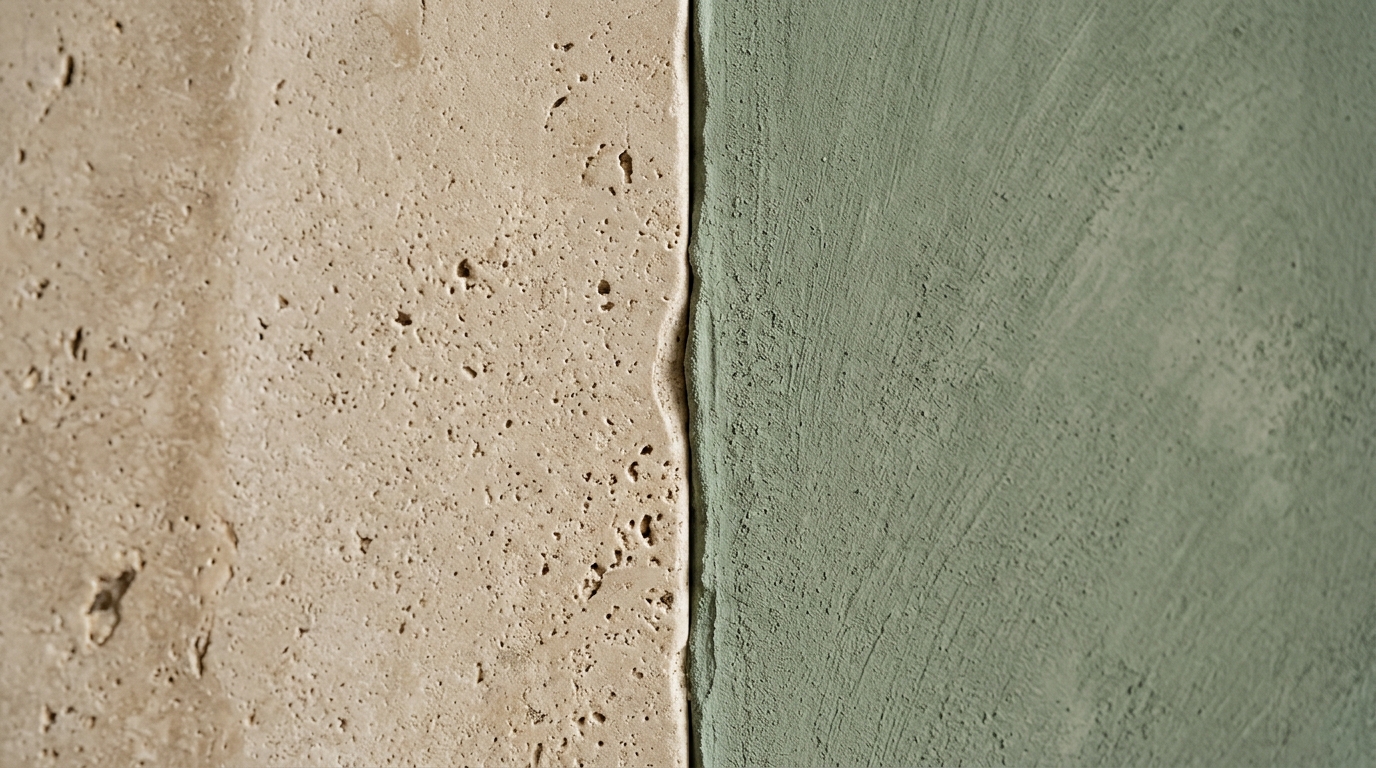 Macro detail of a fluted oak cabinet against a Farrow and Ball Green Ground limewashed wall with soft natural side lighting.