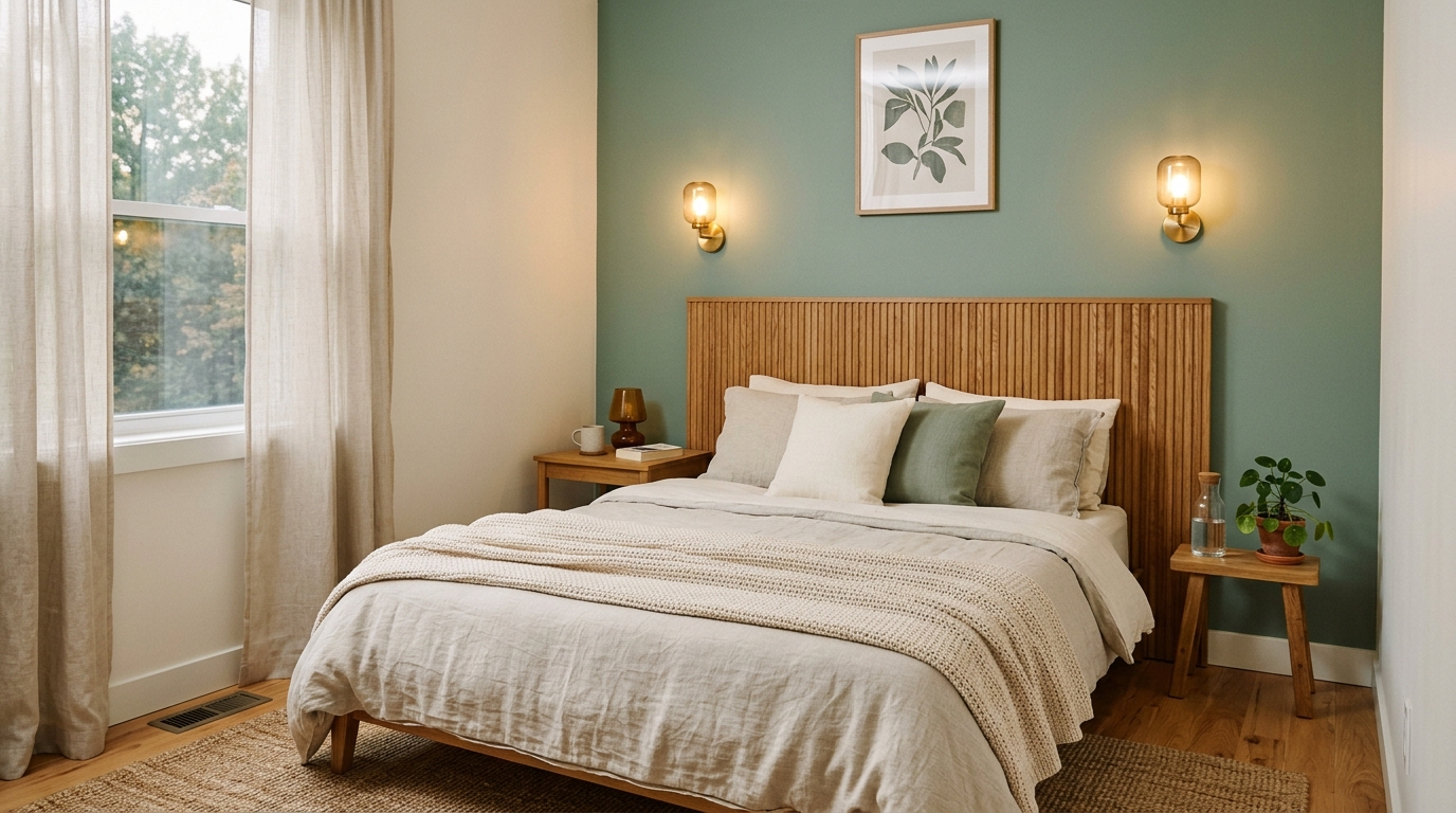 Sage green built-in desk with fluted oak details in a small apartment bedroom.
