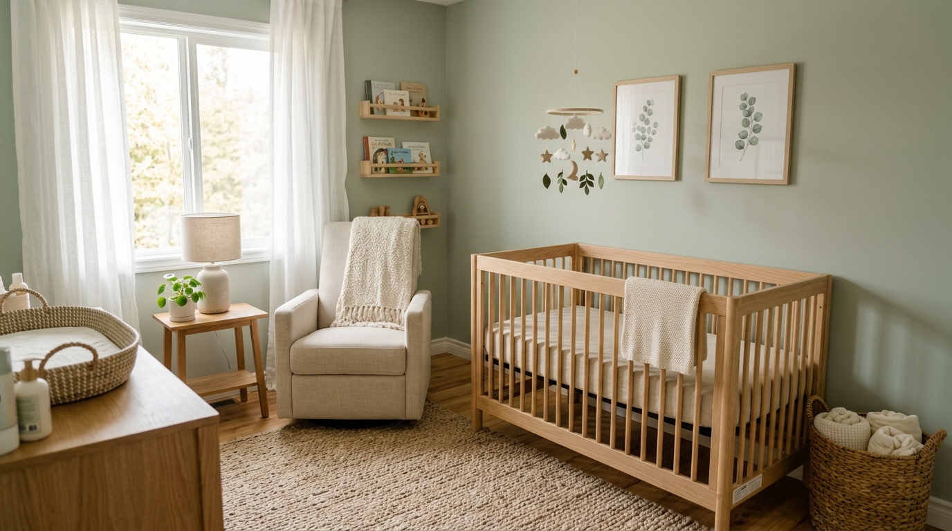Soft sage green nursery with natural wood crib and biophilic leaf-patterned wallpaper.