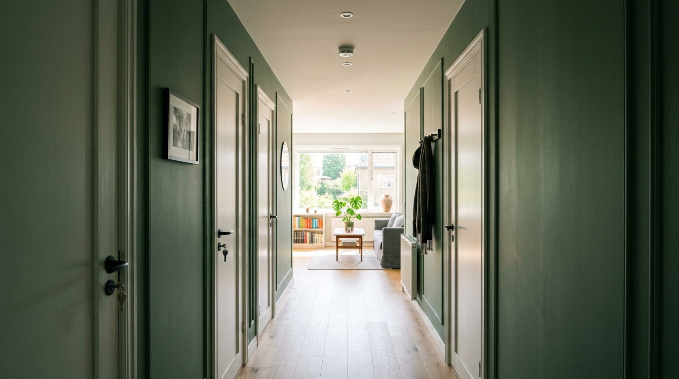 Perspective view of a sage green hallway leading to a bright, open living space.