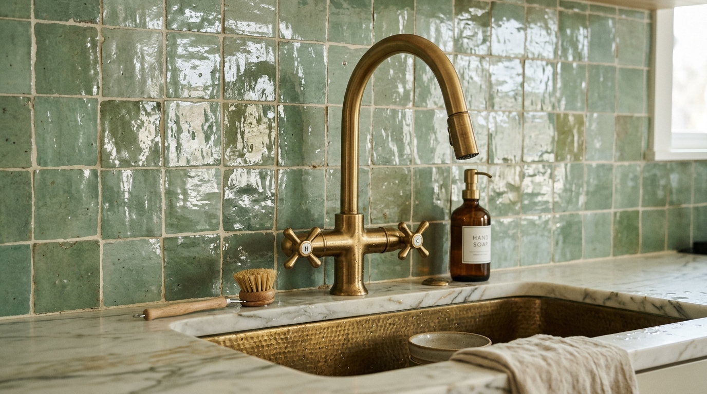 Brushed brass kitchen faucet against a sage green zellige tile backsplash.
