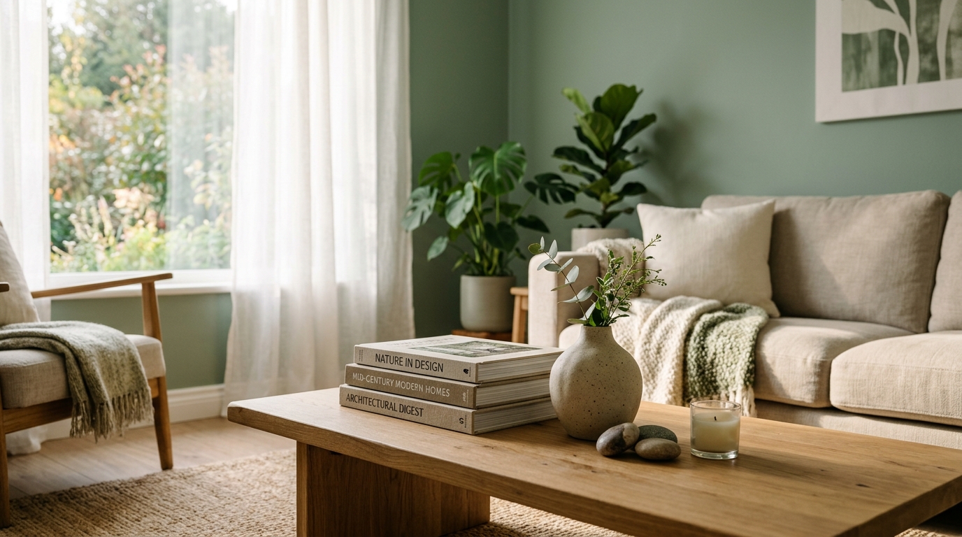 Sage green living room with beige couch and a collection of organic ceramic vases.